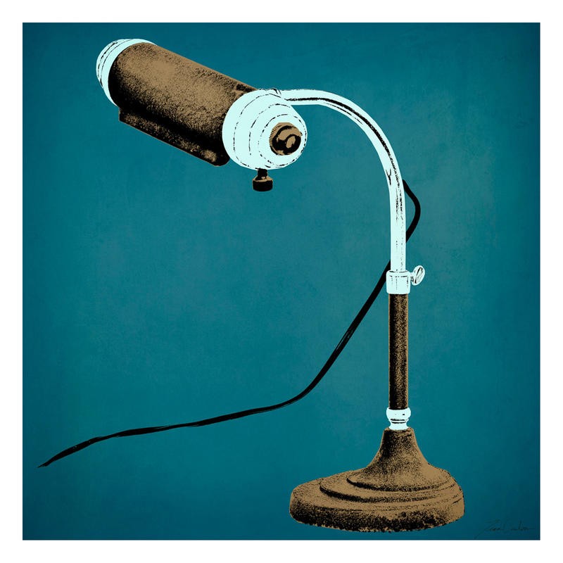 Tina Carlson, VINTAGE LAMP BROWN (Lampe, Tischlampe, Schreibtischlampe, Vintage, Retro, Nostalgie, Pop Art, Grafik, Wunschgröße, Wohnzimmer, Treppenhaus, blau/braun)