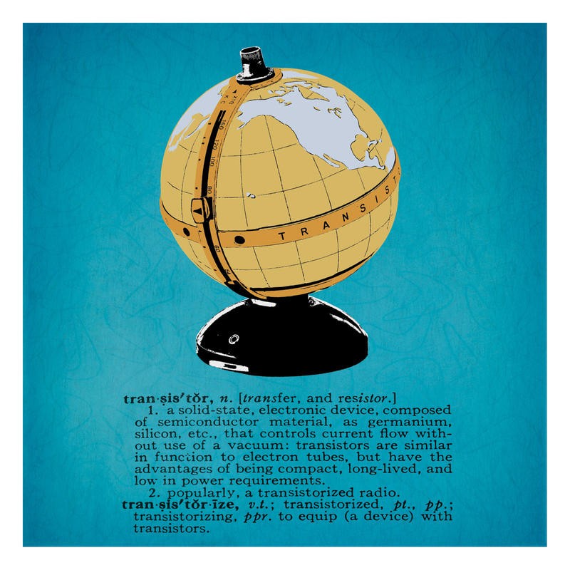 Tina Carlson, RETRO TRANSISTOR (Globus, Tansistorradio, Radio,   Vintage, Retro, Nostalgie, Typografie, Pop Art, Grafik, Wunschgröße, Wohnzimmer, Treppenhaus, blau)