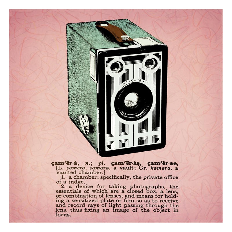 Tina Carlson, RETRO CAMERA (Kamera, Technik, Gerät, Vintage, Retro, Nostalgie, Typografie, Pop Art, Grafik, Wunschgröße, Wohnzimmer, Treppenhaus, rosa)