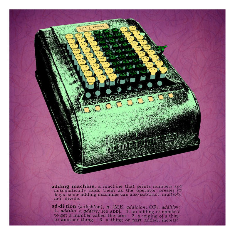 Tina Carlson, RETRO ADDING MACHINE (REchenmaschine, Kalkulator, Technik, Gerät, Vintage, Retro, Nostalgie, Typografie, Pop Art, Grafik, Wunschgröße, Wohnzimmer, Treppenhaus, rosa)