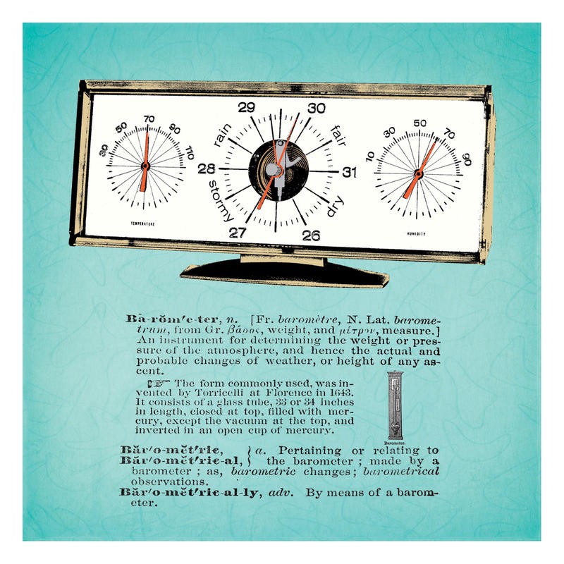 Tina Carlson, RETRO BAROMETER (barometer, Wetterstation, Technik, Gerät, Vintage, Retro, Nostalgie, Typografie, Pop Art, Grafik, Wunschgröße, Wohnzimmer, Treppenhaus, hellblau)
