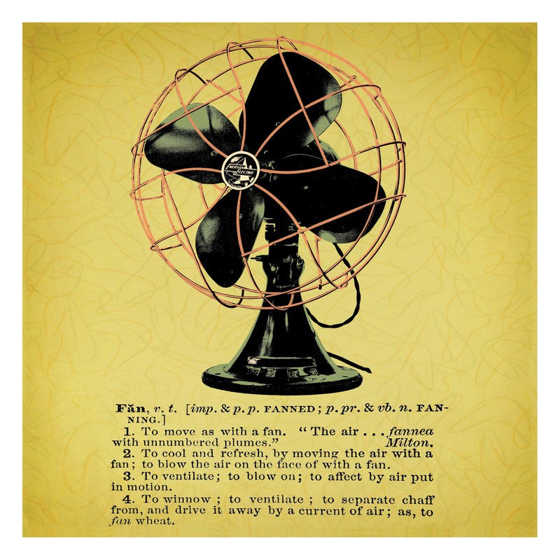 Tina Carlson, FAN V (Ventilator, Technik, Gerät, Vintage, Retro, Nostalgie, Typografie, Pop Art, Grafik, Wunschgröße, Wohnzimmer, Treppenhaus, gelb)