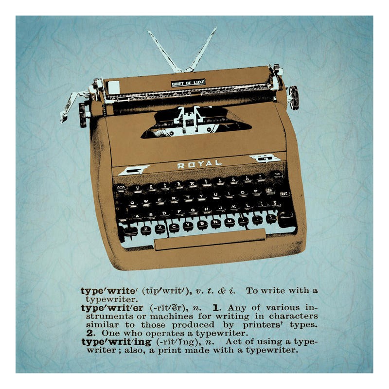 Tina Carlson, TYPEWRITER BROWN II (Schreibmaschine, Technik, Gerät, Vintage, Retro, Nostalgie, Typografie, Pop Art, Grafik, Wunschgröße, Wohnzimmer, Treppenhaus, hellblau)
