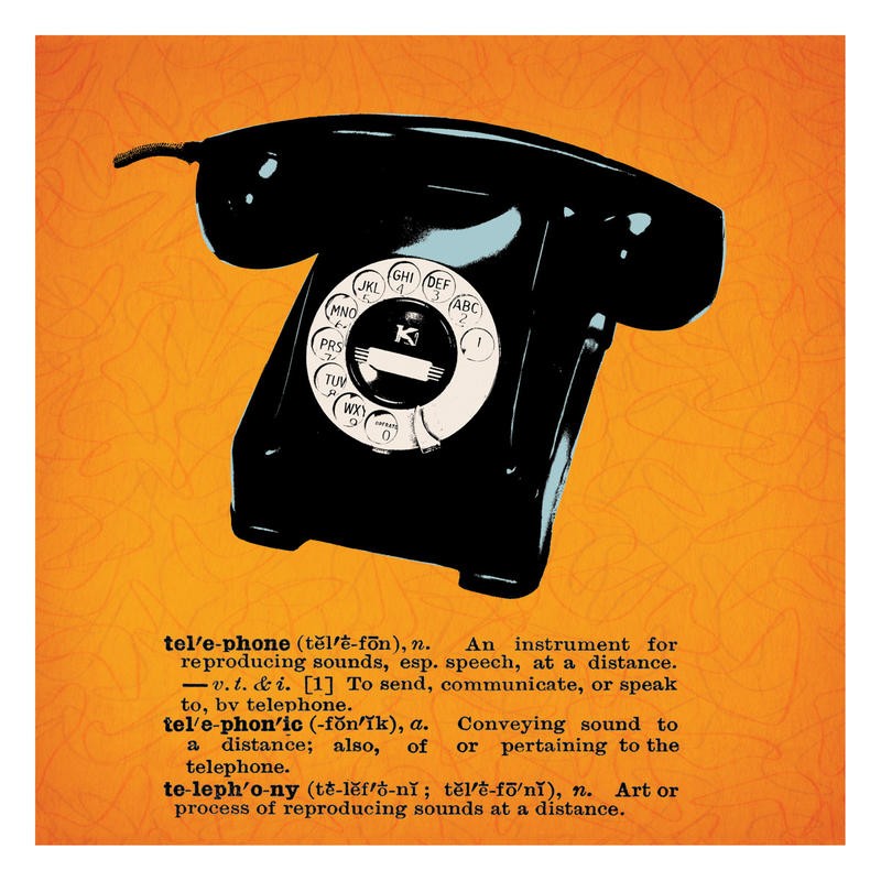 Tina Carlson, TELEPHONE ORANGE III (Telefon Technik, Gerät, Vintage, Retro, Nostalgie, Typografie, Pop Art, Grafik, Wunschgröße, Wohnzimmer, Treppenhaus, orange)