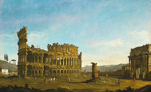 Canaletto (Giovanni Antonio Canal), Das Kolosseum und der Konstantinsbogen. (Canaletto (Giovanni Antonio Canal),1697-1768,Christie's Images Ltd,Öl auf Leinwand,18. Jahrhundert,Canaletto,Giovanni Antonio Canal,Konstantinsbogen,Kolosseum,Architektur,Rom,römisch,Antike,Ruine,Wahrzeichen,Rundbau)