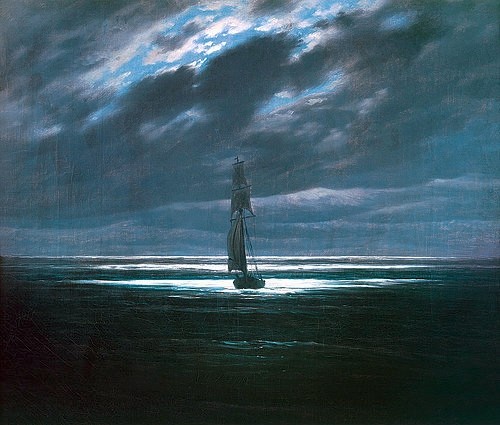 Caspar David Friedrich, Seestück bei Mondschein. 1830/35 (Friedrich,Caspar David,1774-1840,Leipzig,Museum der bildenden Künste,Meer,Abend,Friedrich,Mond,18. Jahrhundert,19. Jahrhundert,Romantik,Dunkelheit,Wolken,Himmel,blau,Nacht)