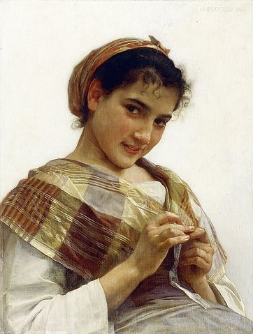 William Adolphe Bouguereau, Ein bretonisches Mädchen. 1889 (Bouguereau,William Adolphe,1825-1905,Christie's Images Ltd,Öl auf Leinwand,19. Jahrhundert,Portrait,Willam Adolphe Bouguereau,Freisteller,bretonisch,Bretagne,Bretonin,Mädchen,Teenager,Schultertuch,kariert,keck,braunhaarig,Kopftuch,flirten,Blickkontakt,Tra)