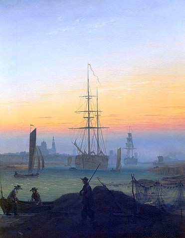 Caspar David Friedrich, Hafen von Greifswald. (Hafen, Abend, Sonnenuntergang, Segelschiffe, Fischer, Fischernetze, Klassiker, Wohnzimmer, Treppenhaus,  Wunschgröße, Malerei, Romantik, bunt)