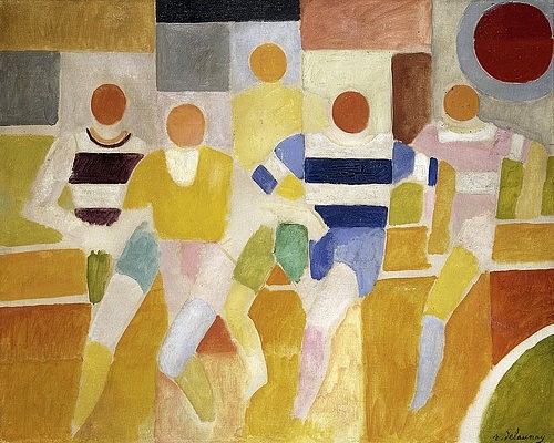 Robert Delaunay, Die Läufer (Les Coureurs). 1926 (Delaunay,Robert,1885-1941,Christie's Images Ltd,Öl auf Leinwand,20. Jahrhundert,Robert Delaunay,Sport,Sportler,rennen,laufen,Läufer,Gruppe,Männer,Wettrennen,Wettbewerb,Team,Streifen,joggen,Jogger,gelb,Farben,sich bewegen,Bewegung,sportlich,Athleten,Athlet)