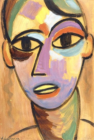 Alexej von Jawlensky, Mystischer Kopf: Jüngling I. Um 1917 (Öl/Karton,Expressionismus,20. Jahrhundert,Christie's Images Ltd,Jawlensky,Alexej von,1864-1941,Alexej von Jawlensky,große Augen,schwarz,schwarze Kontur,Umrisslinie,Kopf,modern)