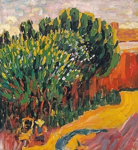 Alexej von Jawlensky, Landschaft aus Caranteque mit Frau. 1905/06 (Jawlensky,Alexej von,1864-1941,München,Pinakothek der Moderne,Öl/Karton,20. Jahrhundert,Landschaft,Der Blaue Reiter,Frankreich,Bäume,Jawlensky, Alexej von 1864-1941, Bayerische Staatsgemäldesammlungen)