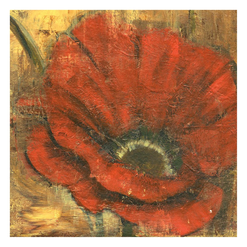Linda Davey, RED POPPIE II (Blume, Mohnblume, zeitgenössische Malerei,  stilisiert, Esszimmer, Treppenhaus, Wohnzimmer, Wunschgröße, rot/beige)