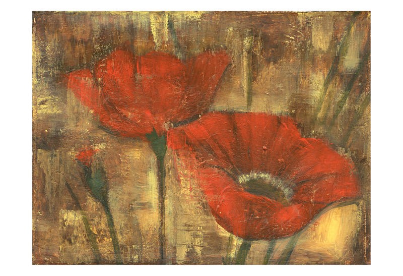 Linda Davey, RED POPPIE III (Blume, Mohnblume, zeitgenössische Malerei,  stilisiert, Esszimmer, Treppenhaus, Wohnzimmer, Wunschgröße, rot/beige)