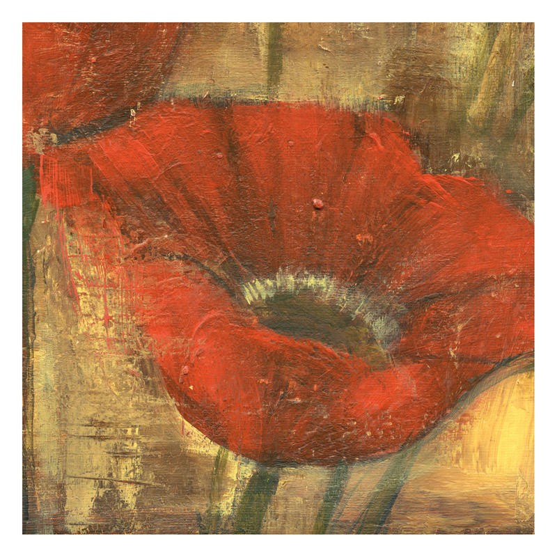 Linda Davey, RED POPPIE IV (Blume, Mohnblume, zeitgenössische Malerei,  stilisiert, Esszimmer, Treppenhaus, Wohnzimmer, Wunschgröße, rot/beige)