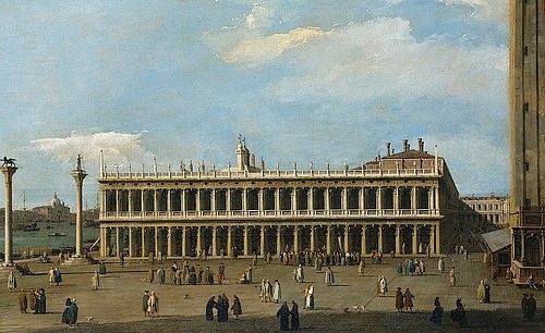 Canaletto (Giovanni Antonio Canal), Die Biblioteca Marciana und die Piazzetta in Venedig. (Canaletto (Giovanni Antonio Canal),1697-1768,Christie's Images Ltd,Öl auf Leinwand,18. Jahrhundert,Canaletto,Giovanni Antonio Canal,Markusbibliothek,Bibliothek, Biblioteca Marciana,Vedute,Venedig,Bibliothek,Architektur,Fassade,erhöhter Betrachterstandpunk)