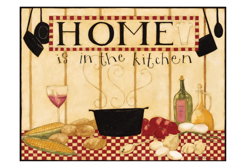 Dan DiPaolo, HOME IS IN THE KITCHEN I (Home, Küchenbild, Gemüse, Topf, kochen, Holzwand, Nostalgie, dekorativ, Küche, Esszimmer, Wunschgröße, Malerei, bunt)