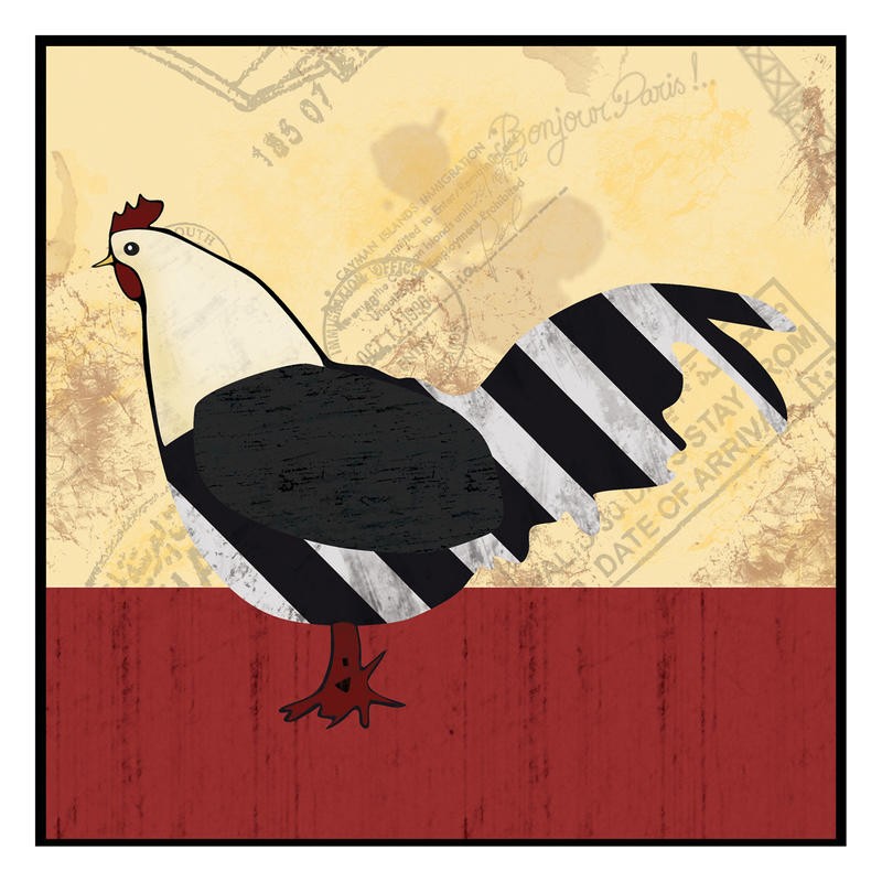 Lauren Gibbons, A HEN IN BLACK (Henne, Huhn, Streifen, Grafik, naiv, plakativ, Treppenhaus, Esszimmer, Wunschgröße, bunt)