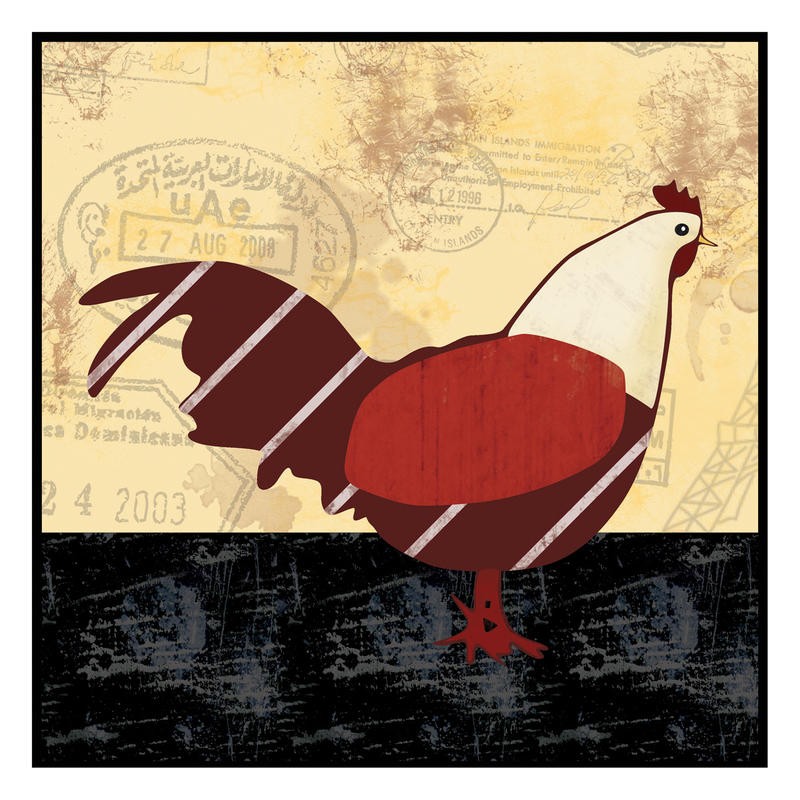 Lauren Gibbons, A HEN IN RED (Henne, Huhn, Streifen, Grafik, naiv, plakativ, Treppenhaus, Esszimmer, Wunschgröße, bunt)