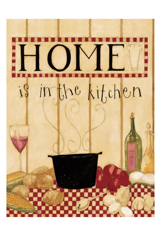 Dan DiPaolo, HOME IS IN THE KITCHEN II (Home, Küchenbild, Gemüse, Topf, kochen, Holzwand, Nostalgie, dekorativ, Küche, Esszimmer, Wunschgröße, Malerei, bunt)