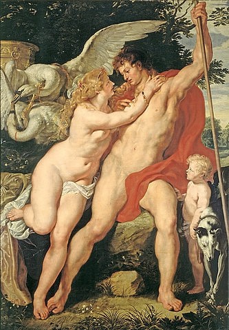 Peter Paul Rubens, Venus und Adonis. Um 1610 (Rubens,Peter Paul,1577-1640,Öl auf Leinwand,17. Jahrhundert,Düsseldorf,Kunstpalast,Dauerleihgabe der Kunstakademie Düsseldorf,Peter Paul Rubens,Venus und Adonis,Göttin,Liebe,Paar,mythologisch,Mythologie,Akt,Schwan,Hund,Stab  20Xerxes13)