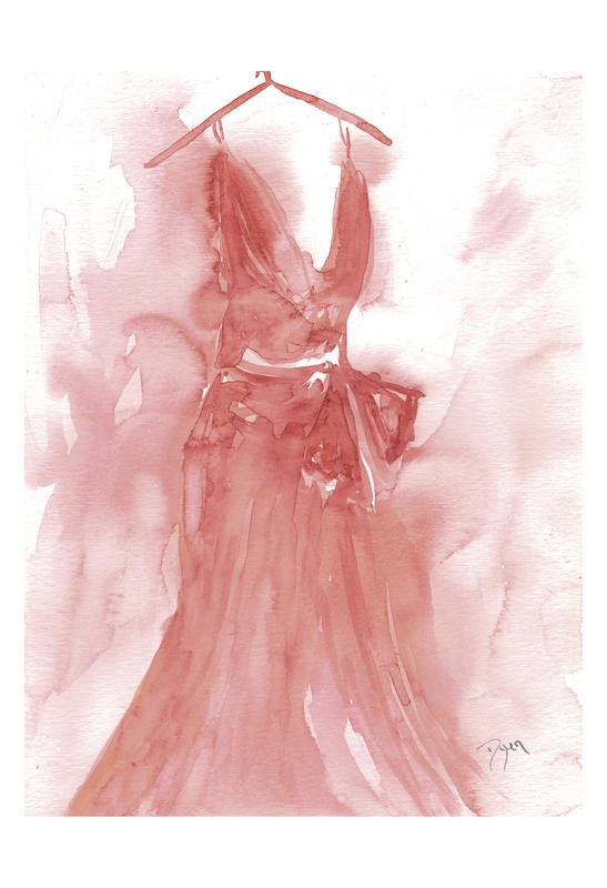 Beverly Dyer, SOFT DRESS I (Kleid, Abendkleid, Mode, Eleganz,  Aquarell, Wohnzimmer, Treppenhaus, Schlafzimmer, Malerei, Wunschgröße, rot)