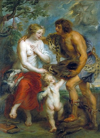 Peter Paul Rubens, Meleager und Atalante. Um 1635 (Mythologie, Meleager, Atalante, Jagd, Wildschweinkopf, Jägerin, Eberkopf, Sage, Barock, Klassiker, Malerei, Treppenhaus, Wohnzimmer, Wunschgröße, bunt)