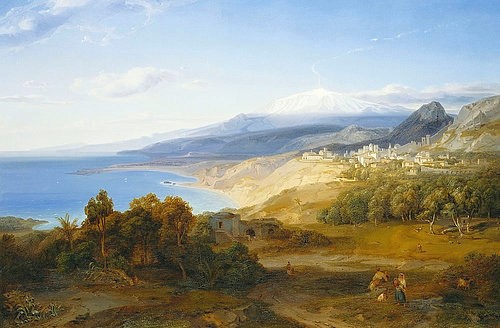 Carl Rottmann, Taormina. (Landschaftsmalerei, Italien, Sizilien, Ruine, Archäologie, mythisch, episch, heroisch, Antike, Malerei, Romantik, Klassiker, Wunschgröße, Wohnzimmer, bunt)