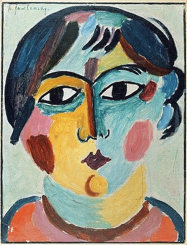Alexej von Jawlensky, Mädchenkopf. (20. Jahrhundert,Öl/Karton,Christie's Images Ltd,Jawlensky,Alexej von,1864-1941,Alexej Von Jawlensky,Kontur,frontal,Kopf,Mädchen,große Augen,rosige Wangen,Backen,zweigeteilt,Expressionismus)