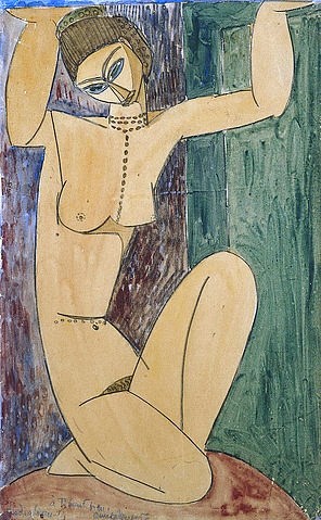 Amadeo Modigliani, Karyatide. 1913 (20. Jahrhundert,Bleistift/Aquarell,weiß gehöht,Christie's Images Ltd,Modigliani,Amadeo,1884-1920,Amedeo Modigliani,Karyatide,erhobene Arme,Akt,knien,Kniende,Frau,halten,tragen,weiblich)