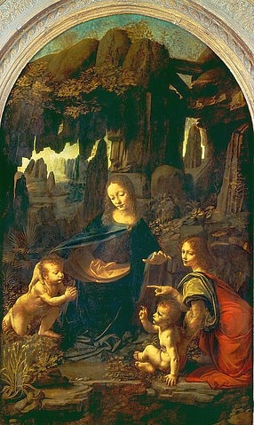 Leonardo da Vinci, Die Felsgrottenmadonna. (Madonna, Mutter, Kinder, Johannes, Engel, Jesuskind,  Felsen, Religion, Neues Testament, Landschaft,   Schlafzimmer, Wohnzimmer, Wunschgröße, Renaissance, Malerei, Klassiker)