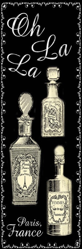Lauren Gibbons, PERFUME NOIR PANEL II (Werbung, Parfüm, Flacons, Nostalgie, Grafik, Wunschgröße, Badezimmer, Treppenhaus, schwarz/weiß)