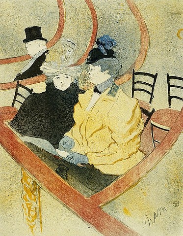Henri de Toulouse-Lautrec, In der Loge. 1896-97 (19. Jahrhundert,Farblithographie,Christie's Images Ltd,Toulouse-Lautrec,Henri de,1864-1901,Henri de Toulouse-Lautrec,Loge,Theater,Theaterbesucher,Zylinder,Frauen,Mann,Balkon,ausgehen,gelb,Hüte)