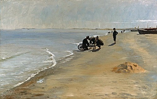 PEDER SEVERIN KROYER, Südstrand bei Skagen. 1884 (Hannover,Landesmuseum,Kroyer,Peter Severin,1851-1909,Lwd.,Peter Severin Kroyer,Südstrand bei Skagen,Dänemark,dänisch,Meer,Strand,Küste,Horizont,Landschaft)