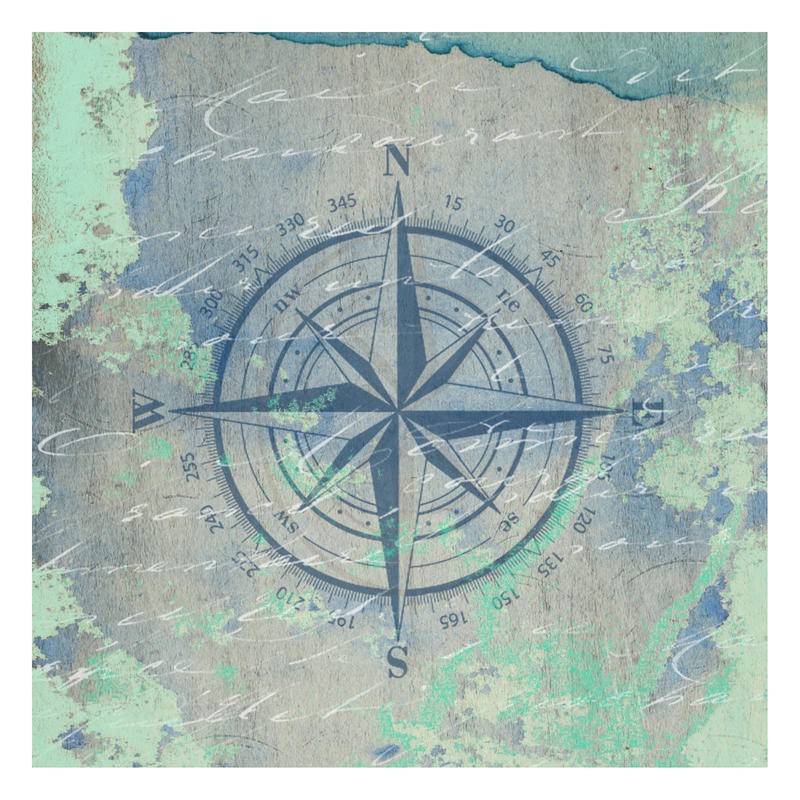 Sheldon Lewis, VOYAGE I (Kompass, Himmelsrichtungen, maritim, Kalligrafie, Grafik, Badezimmmer, Treppenhaus, Wunschgröße, blau/grün)