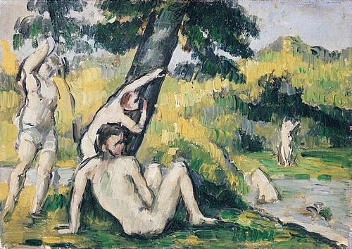 Paul Cézanne, Der Badeplatz. (Cézanne,Paul,1839-1906,Christie's Images Ltd,Öl auf Leinwand,Baden,Cézanne, Paul Cezanne,Badende,draußen,Gruppe,Post-Impressionimus,Akt,flüchtig,Duktus,Badesee,Sommer,Baum,Natur)