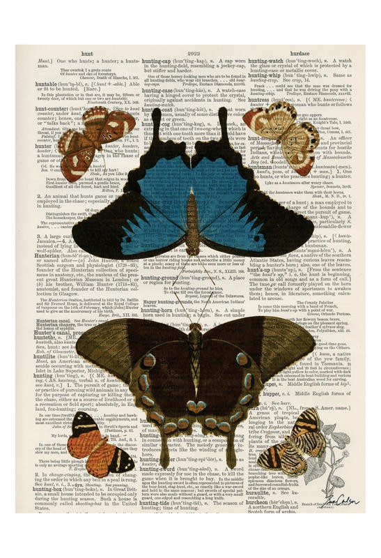 Tina Carlson, BUTTERFLY PLANTS I (Zeitung, Buchseite, Lexikon, Schmetterlinge, Insekten, Studie, Grafik, Wunschgröße, Wohnzimmer, Treppenhaus, schwarz/weiß/bunt)