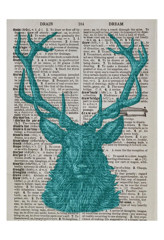 Tina Carlson, STAG BLUE (Zeitung, Buchseite, Lexikon, Hirsch, Geweih, Tierportrait, Studie, Grafik, Wunschgröße, Wohnzimmer, Treppenhaus, schwarz/weiß/blau)