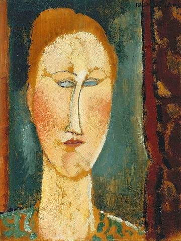 Amadeo Modigliani, Kopf einer Rothaarigen (Tête de Femme aux Cheveux Rouges). (Modigliani,Amadeo,1884-1920,Christie's Images Ltd,Öl auf Holz,19. Jahrhundert,Amedeo Modigliani,Porträt,blaue,Augen,Gesicht,schmal,schlank,Hals,schmales Gesicht,ausdruckslos)