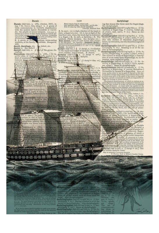 Tina Carlson, SHIP II (Zeitung, Buchseite, Lexikon, Segelboot, Meerebrise, Meer, Nostalgie, Grafik, Wunschgröße, Wohnzimmer, Treppenhaus, schwarz/weiß/sepia/blau)