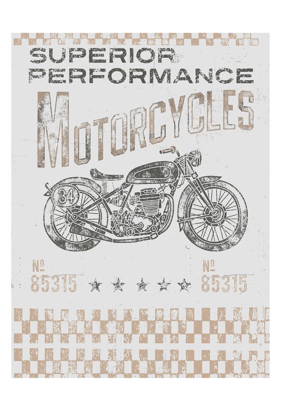 Cynthia Alvarez, MOTORCYCLES (Motorrad, Nostalgie, Vintage, Retro, Plakatkunst, Grafik, Treppenhaus, Wohnzimmer, Wunschgröße, beige/grau)