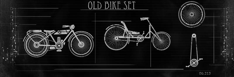 Cynthia Alvarez, OLD BIKE SET (Fahrräder, Nostalgie, Vintage, Retro, Plakatkunst, Grafik, Treppenhaus, Wohnzimmer, Wunschgröße, schwarz/weiß)
