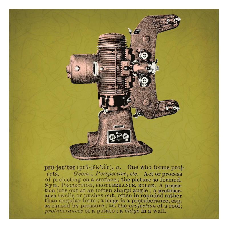 Tina Carlson, RETRO PROJEKTOR (Projektor, Technik, Gerät, Vintage, Retro, Nostalgie, Typografie, Pop Art, Grafik, Wunschgröße, Wohnzimmer, Treppenhaus, grün)