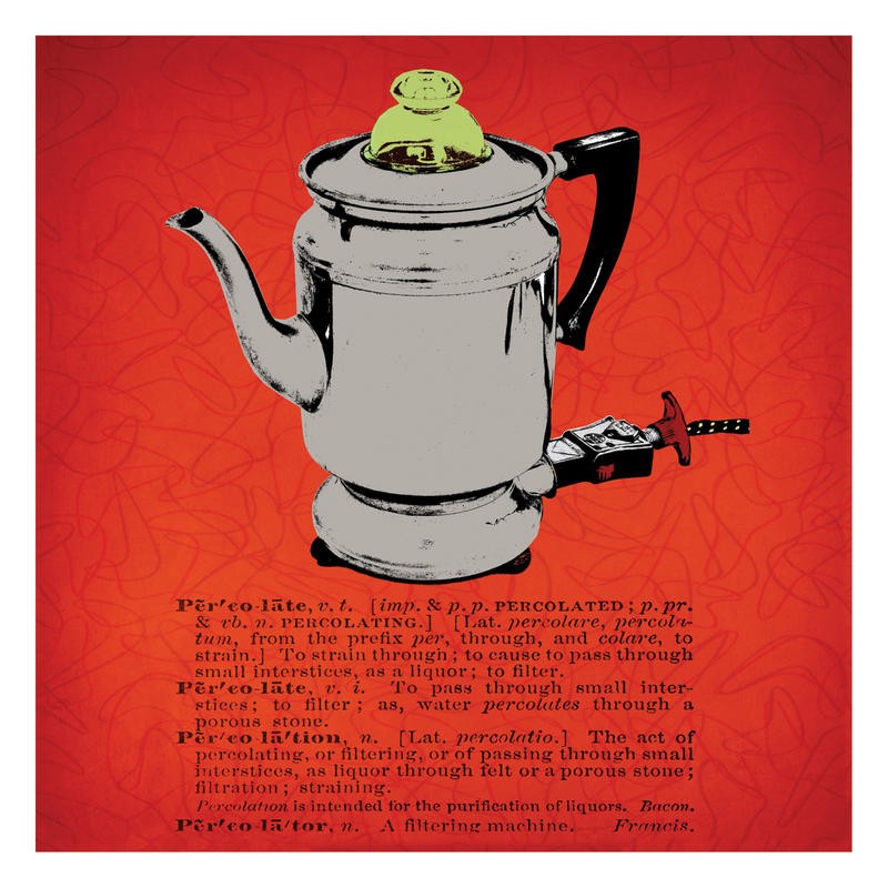 Tina Carlson, RETRO COFFEE POT (Kaffeekanne, Kaffeekocher, Technik, Gerät, Vintage, Retro, Nostalgie, Typografie, Pop Art, Grafik, Wunschgröße, Wohnzimmer, Treppenhaus, rot)