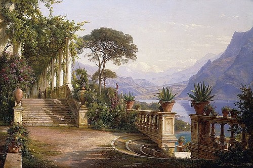 Carl Frederik Aagaard, Loggia mit Blick über den Comer See. 1880 (Christie's Images Ltd,Öl auf Leinwand,Aagaard,Carl Frederick,1833-1895,19. Jahrhundert,Landschaft,Carl Frederic Aagaard,Como,Tessin,Balustrade,See,Loggia,Terrasse,Aussicht,Blick,Berg,malerisch,Treppe,Idylle,idyllisch,Ferienort)