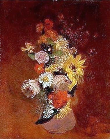 Odilon Redon, Blumenstilleben in einem Krug. (Postimpressionismus, Stillleben, Blumenvase, Blüten, Blumen, Sommerblumen, floral, klassische Moderne, Malerei, Wohnzimmer, Esszimmer, Treppenhaus, Wunschgröße, bunt)