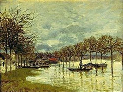 Alfred Sisley, Überschwemmung an der Route de Saint- Germain. 1876. (Sisley,Alfred,Christie's Images Ltd,1839-1899,Unglücke,Wetter,Flüsse,Sisley, Alfred 1839-1899)