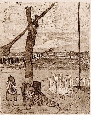 Paula Modersohn-Becker, Die Gänsemagd (Das Märchen von der verlorenen Gans). 1899 (Modersohn-Becker,Paula,1876-1907,Landesmuseum für Kunst und Kulturgeschichte Oldenburg,Radierung,20. Jahrhundert,? Landesmuseum Oldenburg,S. Adelaide - ARTOTHEK,Modersohn-Becker, Paula,Gänsemagd,Gans,Gänse,weinen,Frau,Mädchen)