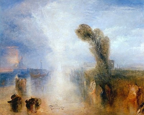 Joseph Mallord William Turner, Neapolitanische Fischermädchen, beim Bad im Mondlicht überrascht. (Landschaft,Romantik,19. Jahrhundert,Öl auf Leinwand,Christie's Images Ltd,1775-1851,Turner,Joseph Mallord William,Abend,Turner, Joseph Mallord William,licht,lichtstimmung,abstrakt,romantisch,idylle,landschaft,frauen,hafen,himmel)