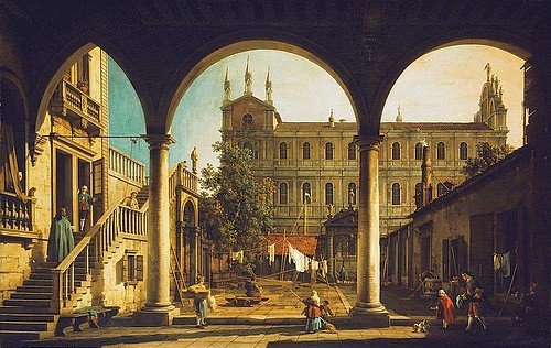 Canaletto (Giovanni Antonio Canal), Venezianisches Capriccio: die Scuola di San Marco vom Palazzo Grifalconi Loredan aus. (Canaletto (Giovanni Antonio Canal),1697-1768,Christie's Images Ltd,Öl auf Leinwand,18. Jahrhundert,Canaletto,Giovanni Antonio Canal,Architektur,Venedig,Capriccio,Vedute,Bogen,Bögen,Bogengang,Innenhof,Scuola di San Marco,Palazzo Grifalconi Loredan,Stadtans)