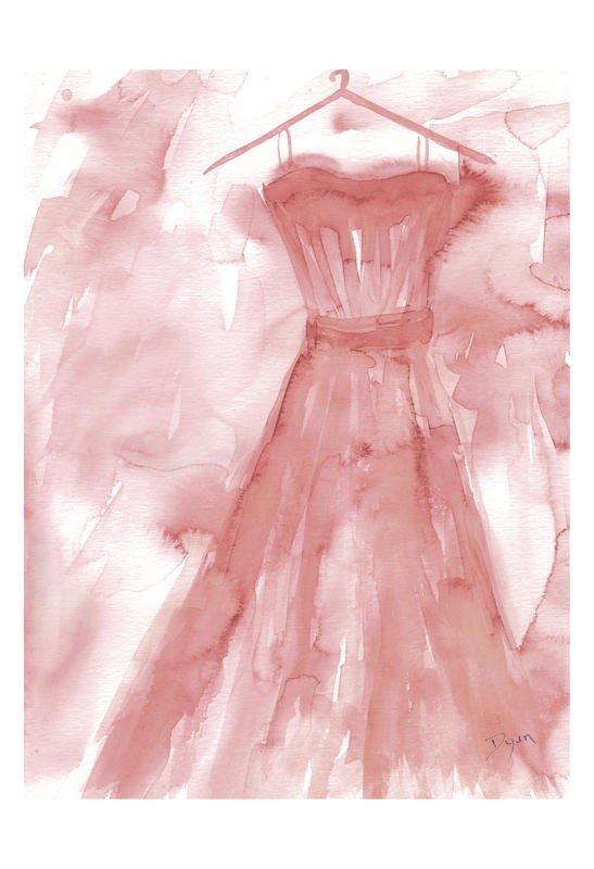Beverly Dyer, SOFT DRESS II (Kleid, Abendkleid, Mode, Eleganz,  Aquarell, Wohnzimmer, Treppenhaus, Schlafzimmer, Malerei, Wunschgröße, rot)